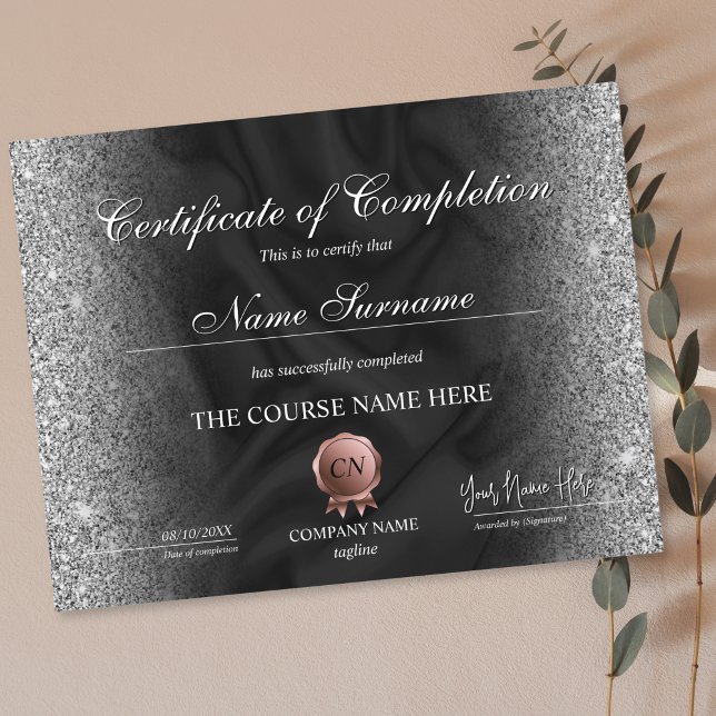 Papier Certificat de fin de cours (certificate of completion with black silk background and silver glitter on the edges)