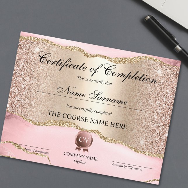 Papier Certificat de fin de cours (rose gold and gold blush pink agate certificate of completion)