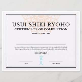 Papier Certificat de fin de mandat de Reiki (SHINPIDEN)