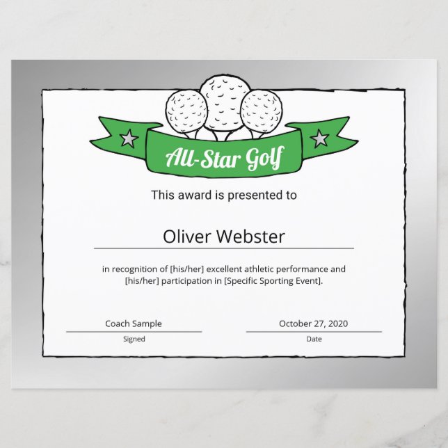 Papier Certificat de golf All-Star Golf Player Award (Devant)