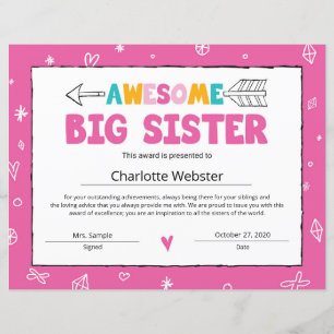 Papier Certificat de grande soeur rose