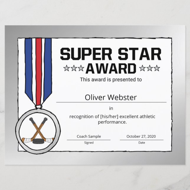 Papier Certificat de hockey Super Star Hockey Player (Devant)