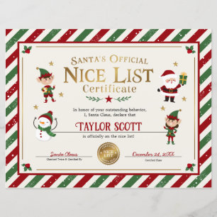 Papier Certificat de la liste des gentils de Papa Noël