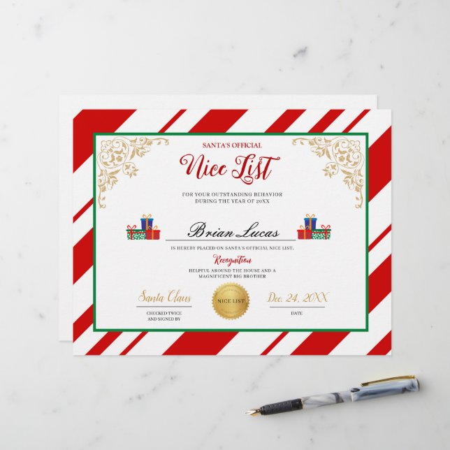 Papier Certificat de la Nice List de père Noël (Devant/Arrière en situation)