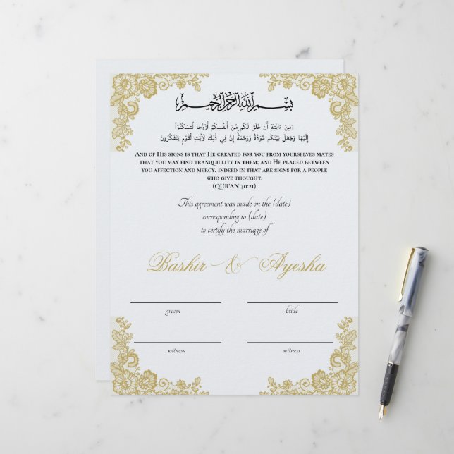 Papier Certificat de mariage Nikkah personnalisé instanta (Devant/Arrière en situation)