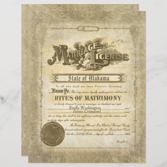 Papier Certificat de mariage vintage (Devant / Derrière)