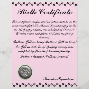 Papier Certificat de naissance de chiot