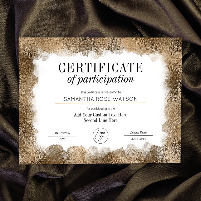 Papier Certificat de participation Gold Parties scintilla (Elegant gold glitter effect Certificate of Participation professional diploma with custom logo)