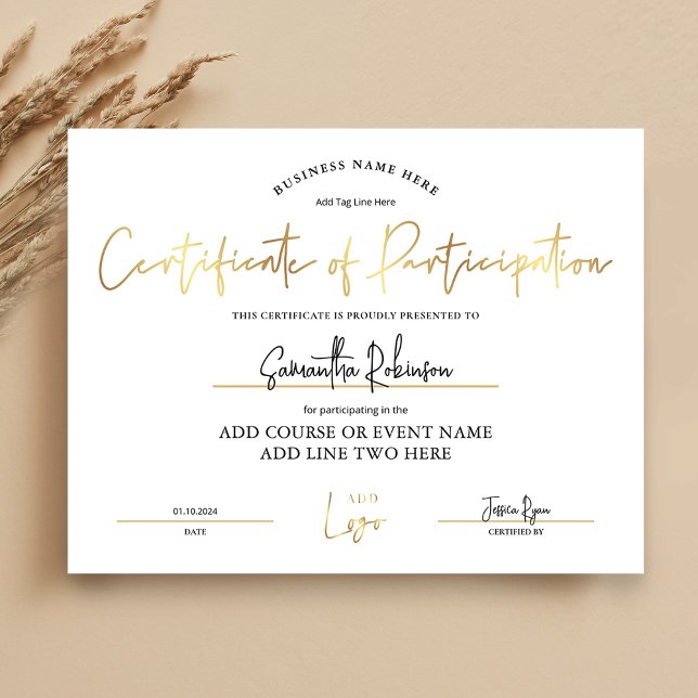 Papier Certificat de participation Prix d'entreprise en o (Elegant white and gold Certificate of Participation with space for your logo and custom text)