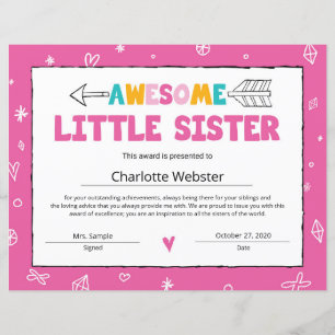 Papier Certificat de petite soeur rose