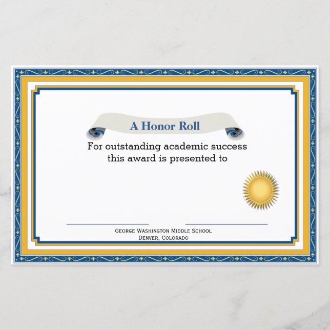 Papier Certificat de Prix académique bleu et jaune (Devant)
