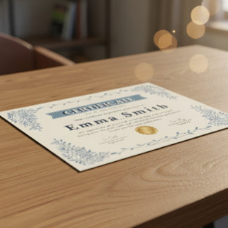 Papier Certificat de Réalisation Floral Bleu Élégant Des