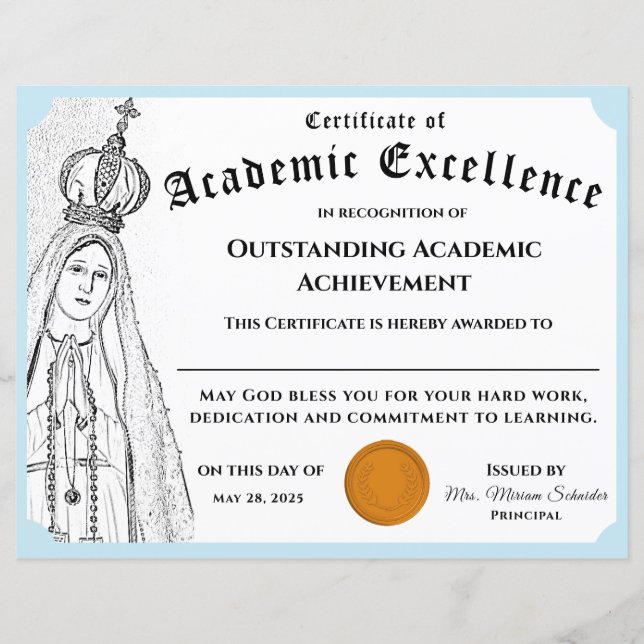 Papier Certificat de réussite scolaire mariale (Devant)
