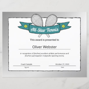 Papier Certificat de tennis du joueur All-Star Tennis Pla