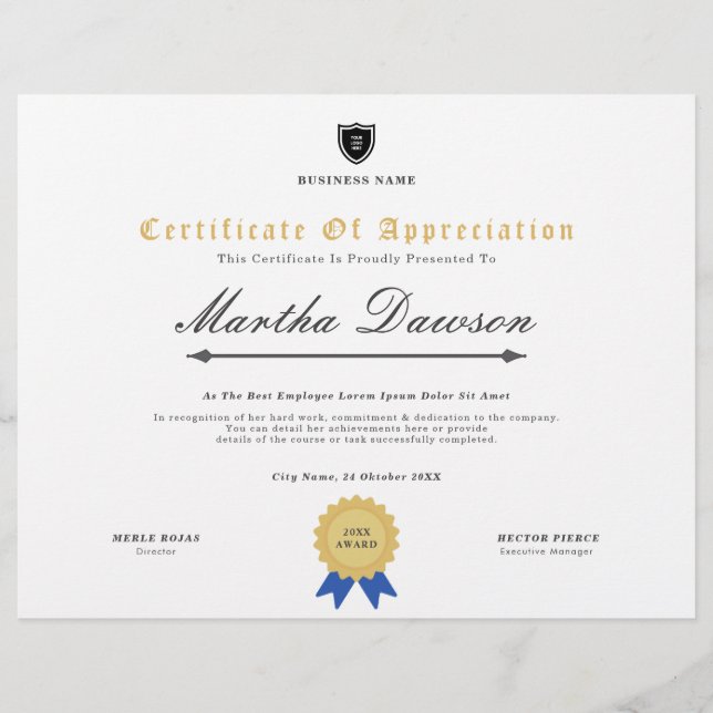 Papier Certificat d'entreprise personnalisé professionnel (Devant)