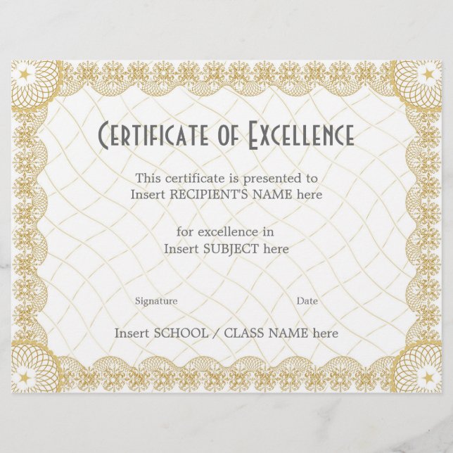 PAPIER CERTIFICAT D'EXCELLENCE (Devant)