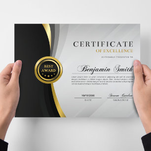 Papier Certificat d'Excellence Black & Gold Award