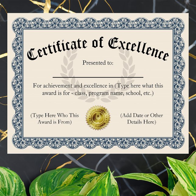 Papier Certificat d'excellence Blue personnalisable 8,5 x (certificate of excellence)