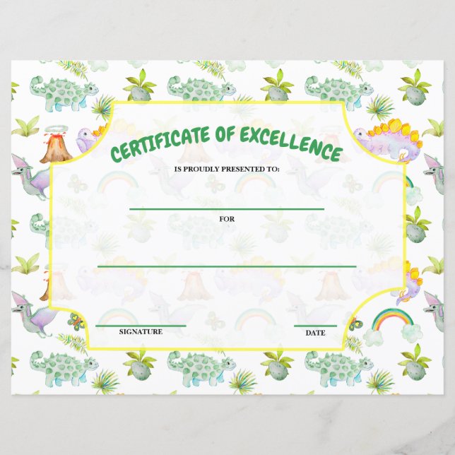 Papier Certificat d'excellence Dinosaures Thème (Devant)