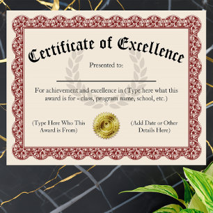 Papier Certificat d'Excellence Rouge Personnalisable 21,5