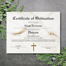 Certificat d'ordination de l'église Deacon