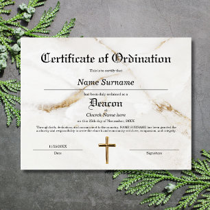 Papier Certificat d'ordination de l'église Deacon