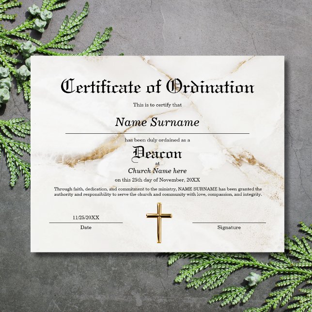 Papier Certificat d'ordination de l'église Deacon (Créateur téléchargé)