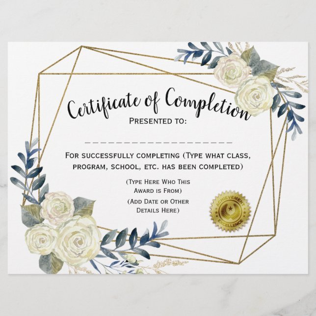 Papier Certificat floral d'achèvement, Personnaliser 8.5x (Devant)