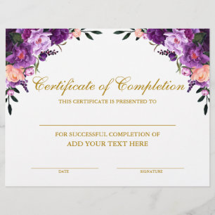 Papier Certificat Floral Violet d'Achèvement Or