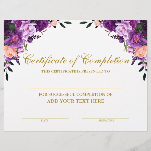 Papier Certificat Floral Violet d'Achèvement Or (Devant)