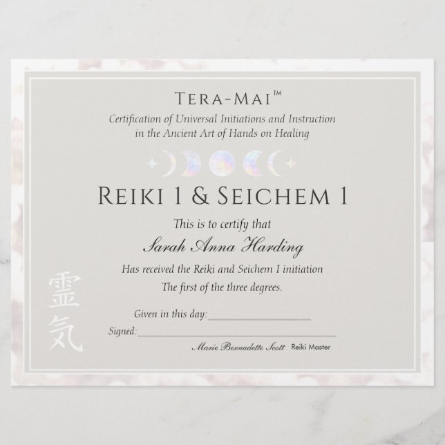 Papier Certificat Master de fin de carrière Reiki (Devant)