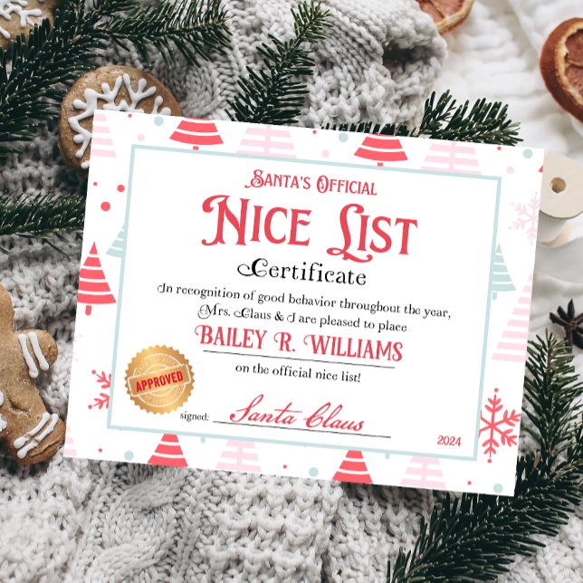 Papier Certificat Nice Personnalisé Du Père Noël (Nice List Official Santa Claus Certificate )