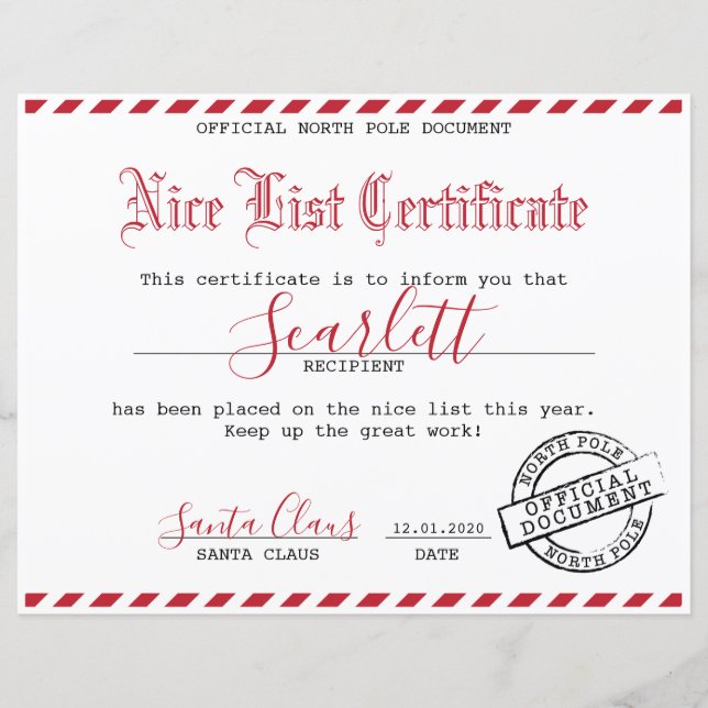 Papier Certificat père Noël - Forfait Enfants (Devant)