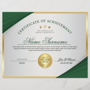 Papier Certificat professionnel Emerald Green & Gold
