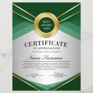 Papier Certificat Vertical Vert & Or d'Appréciation
