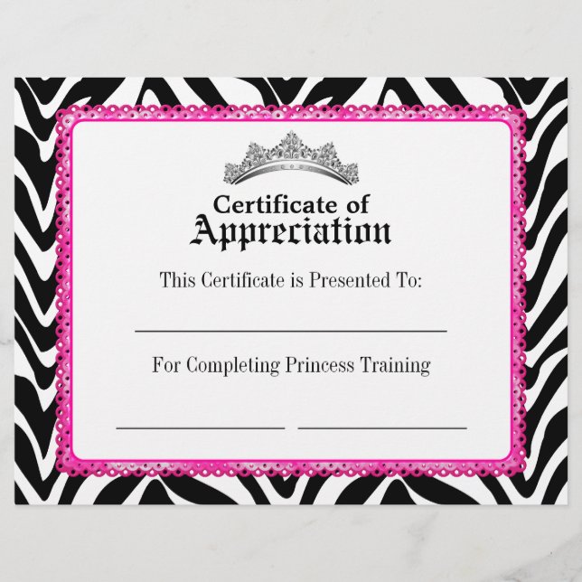 Papier Certificat Zèbre Féminin Dentelle Rose et Diadème (Devant)