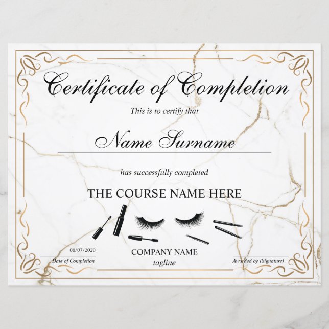 Papier Certificate of Completion Award lashes course (Devant)