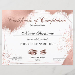 Papier Certificate of Completion Award lashes course