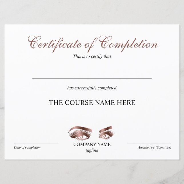 Papier Certificate of Completion Award lashes course (Devant)