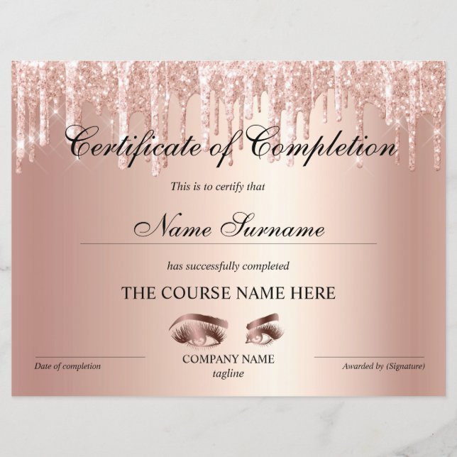 Papier Certificate of Completion Award lashes course (Devant)