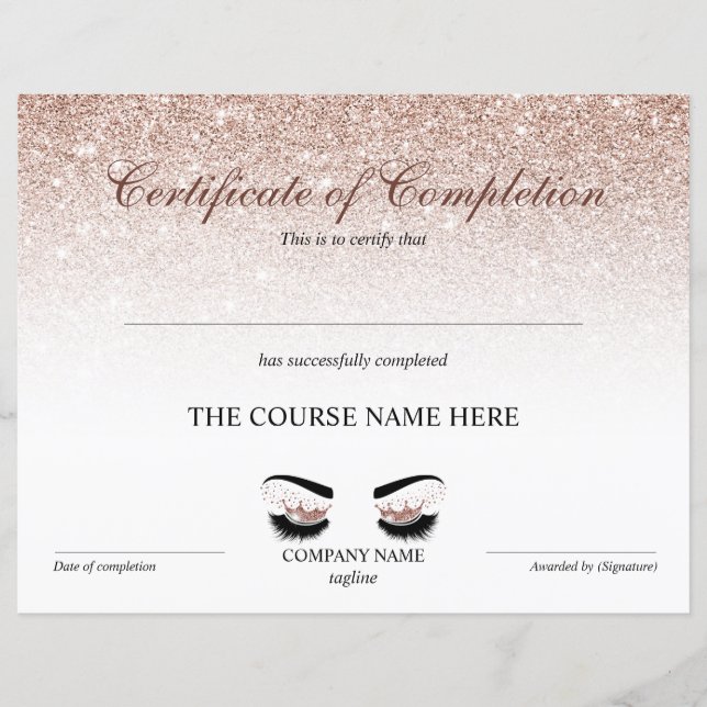 Papier Certificate of Completion Award lashes course (Devant)