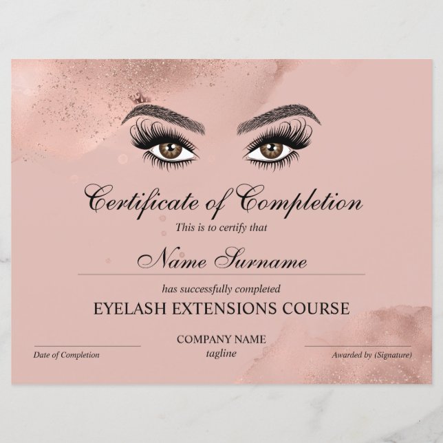 Papier Certificate of Completion Award lashes course (Devant)