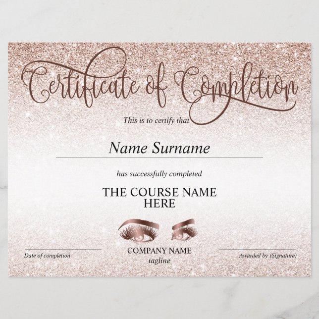 Papier Certificate of Completion Award lashes course (Devant)