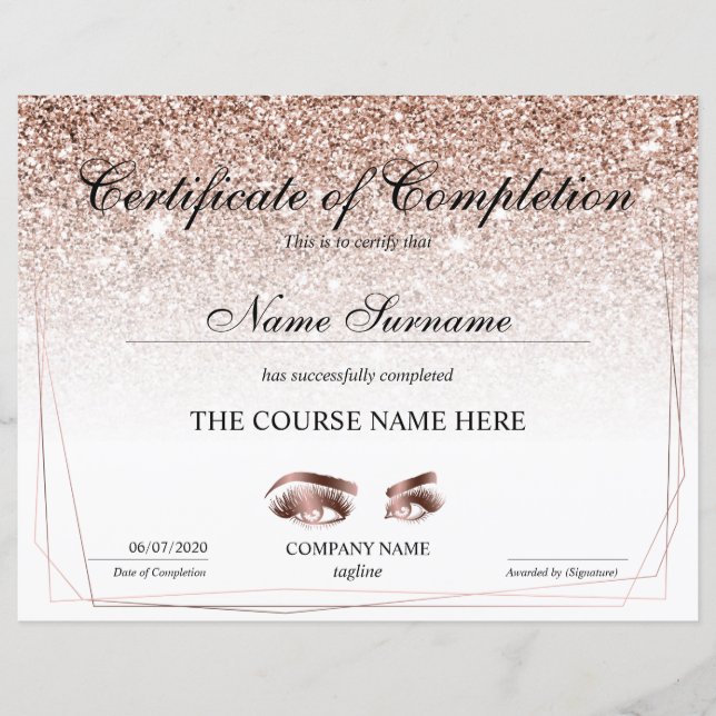 Papier Certificate of Completion Award lashes course (Devant)