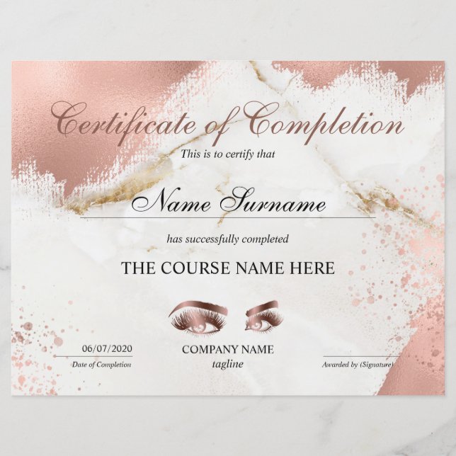 Papier Certificate of Completion Award lashes course (Devant)