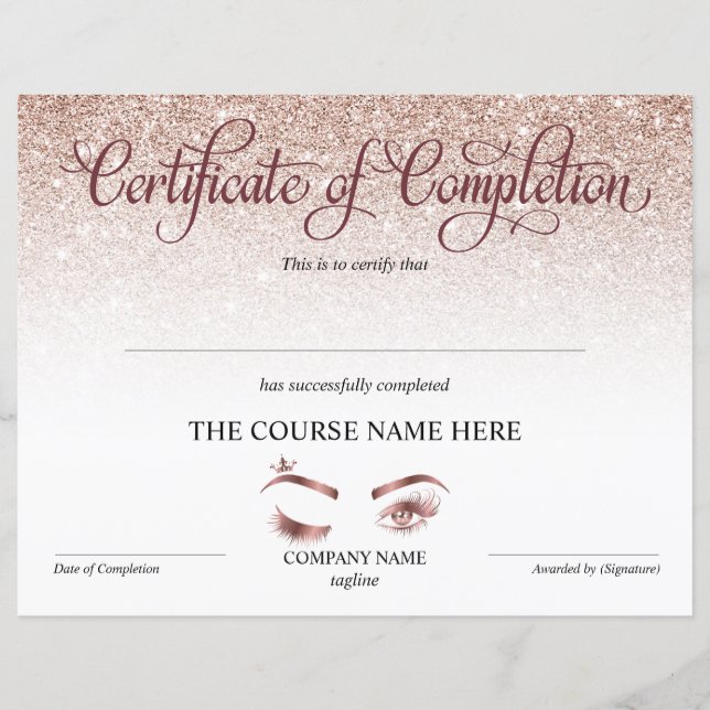 Papier Certificate of Completion Award lashes course (Devant)