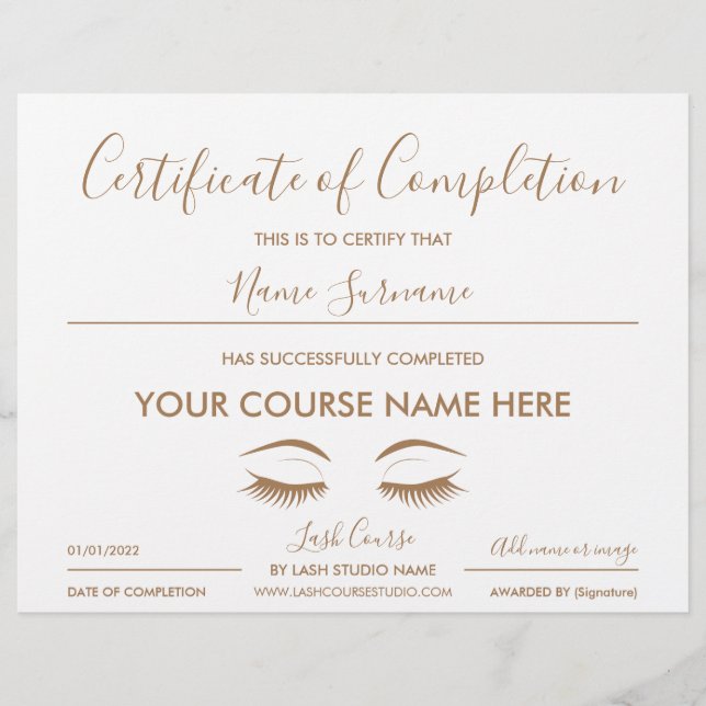 Papier certificate of completion lash course (Devant)