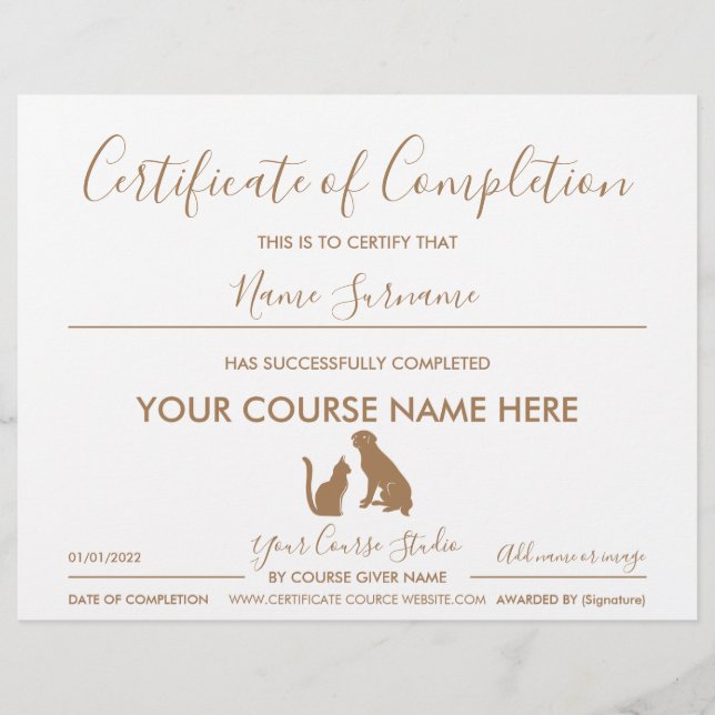 Papier certificate of completion pet cat dog (Devant)