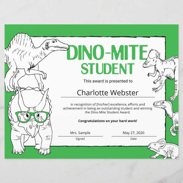 Papier Certificats de reconnaissance Dino-Mite pour étudi (Devant)