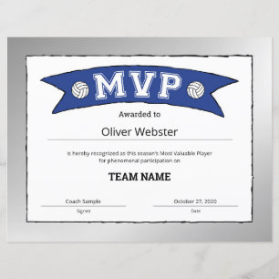 Papier Certificats MVP du Lecteur MVP VolleyballCertifica